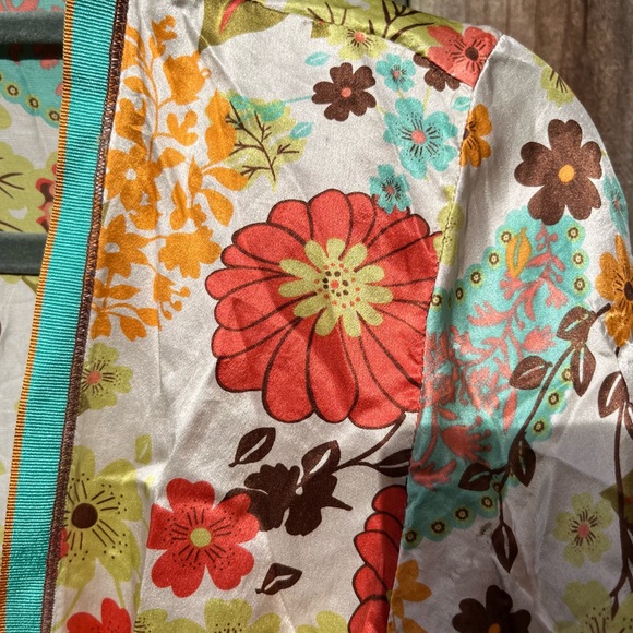 CAbi Silk Babydoll Kimono Vibrant Boho Front Tie Floral and Stripe Blouse S - Picture 14 of 14